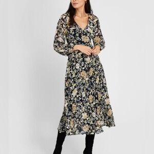 Club Monaco | Floral Long Sleeve Pleated Tie‎ Back Midi Dress Size 10